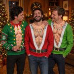 Three friends wearing the Elf, Red Santa and Green Santa fake body ugly Christmas sweaters