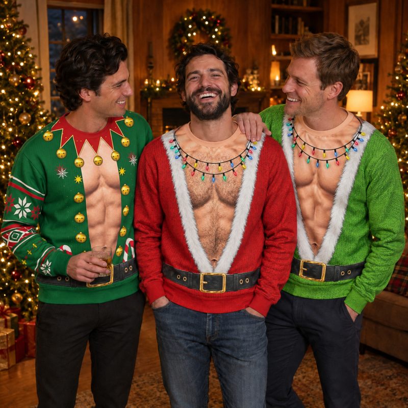 Three friends wearing the Elf, Red Santa and Green Santa fake body ugly Christmas sweaters