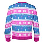 Back of the Fa La La La Mingo Christmas sweatshirt with pink, blue and white flamingo, tree and snowflake bands Back of the Fa La La La Mingo Christmas sweatshirt with pink, blue and white flamingo, tree and snowflake bands