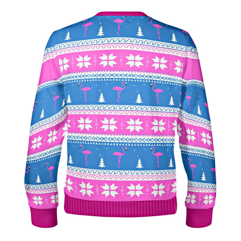 Back of the Fa La La La Mingo Christmas sweatshirt with pink, blue and white flamingo, tree and snowflake bands