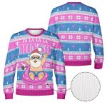 Front and back of the Fa La La La Mingo flamingo Christmas sweatshirt with bright pink collar, cuffs and hem Front and back of the Fa La La La Mingo flamingo Christmas sweatshirt with bright pink collar, cuffs and hem