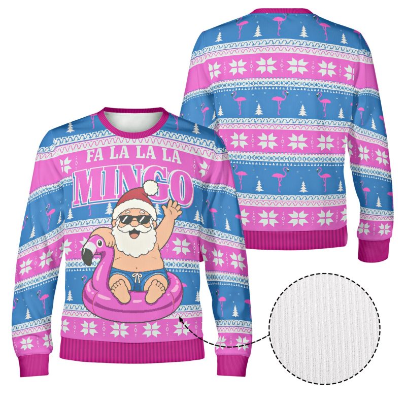 Front and back of the Fa La La La Mingo flamingo Christmas sweatshirt with bright pink collar, cuffs and hem