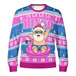 Front of the Fa La La La Mingo flamingo Christmas sweatshirt with Santa in sunglasses waving from a pink flamingo float Front of the Fa La La La Mingo flamingo Christmas sweatshirt with Santa in sunglasses waving from a pink flamingo float
