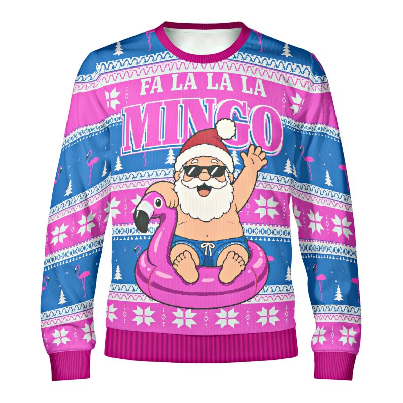 Front of the Fa La La La Mingo flamingo Christmas sweatshirt with Santa in sunglasses waving from a pink flamingo float