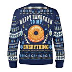 Back of the everything bagel Hanukkah sweatshirt with the same design, dreidels, moons and Stars of David Back of the everything bagel Hanukkah sweatshirt with the same design, dreidels, moons and Stars of David