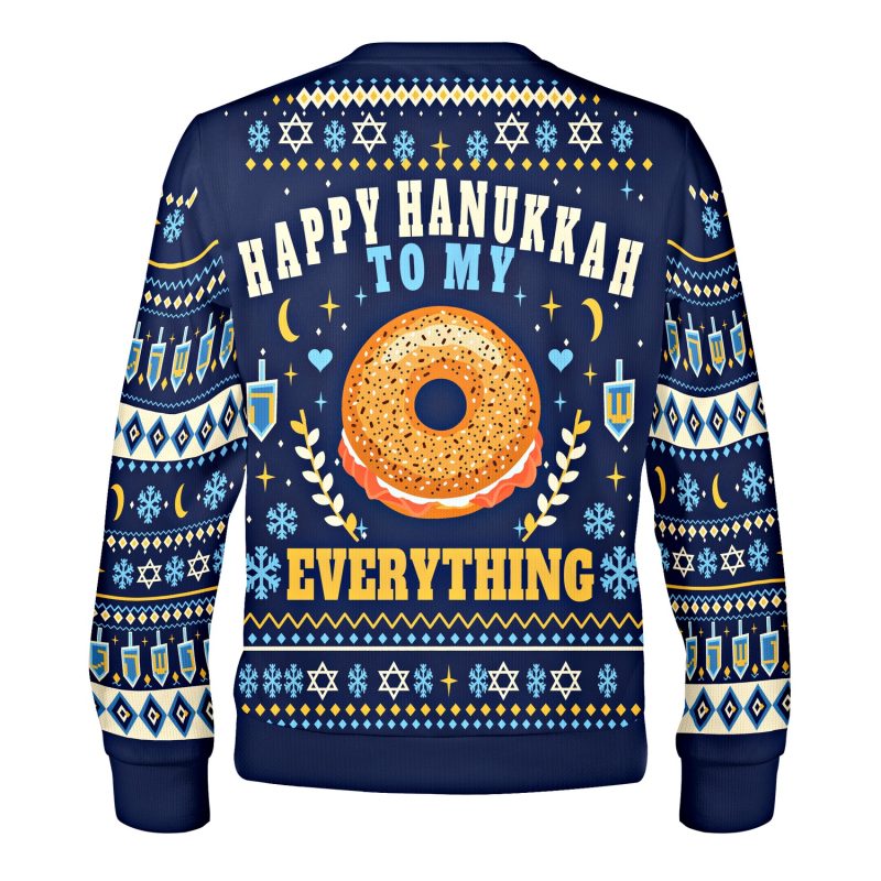 Back of the everything bagel Hanukkah sweatshirt with the same design, dreidels, moons and Stars of David