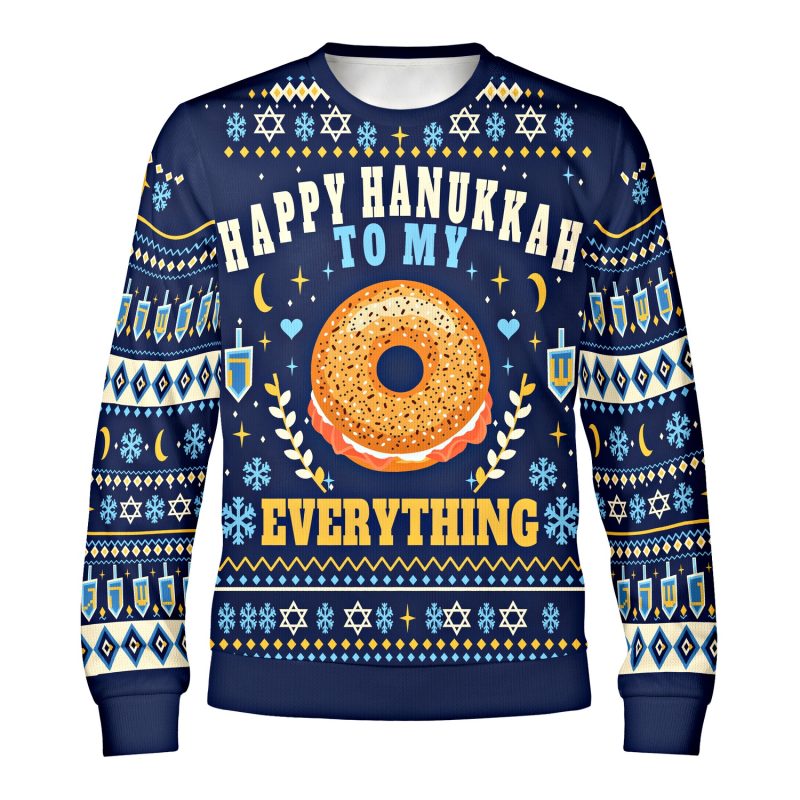 Front of the navy Happy Hanukkah to My Everything sweatshirt with an everything bagel, lox and cream cheese