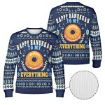 Front and back of the funny Hanukkah everything bagel sweatshirt with striped knit-look sleeves Front and back of the funny Hanukkah everything bagel sweatshirt with striped knit-look sleeves