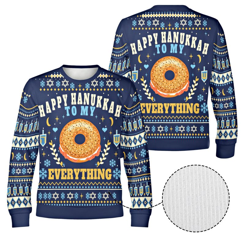 Front and back of the funny Hanukkah everything bagel sweatshirt with striped knit-look sleeves