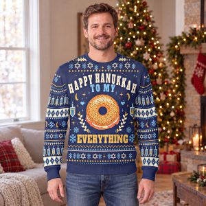Man wearing the funny Hanukkah sweater with an everything bagel and Happy Hanukkah to My Everything