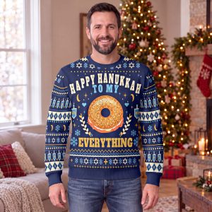 Man wearing the funny Hanukkah sweater with an everything bagel and Happy Hanukkah to My Everything