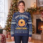 Woman wearing the navy Hanukkah bagel sweatshirt with EVERYTHING in gold under the bagel Woman wearing the navy Hanukkah bagel sweatshirt with EVERYTHING in gold under the bagel