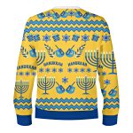 Back of the yellow Hanukkah sweatshirt with menorahs, dreidels, gifts, olive branches, Stars of David and zigzag bands Back of the yellow Hanukkah sweatshirt with menorahs, dreidels, gifts, olive branches, Stars of David and zigzag bands