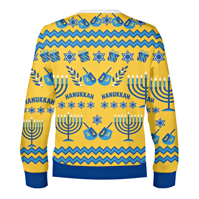 Back of the yellow Hanukkah sweatshirt with menorahs, dreidels, gifts, olive branches, Stars of David and zigzag bands
