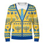 Front of the Hanukkah cardigan sweatshirt with printed blue cardigan, sky-blue menorah tie, menorahs, dreidels and HANUKKAH Front of the Hanukkah cardigan sweatshirt with printed blue cardigan, sky-blue menorah tie, menorahs, dreidels and HANUKKAH