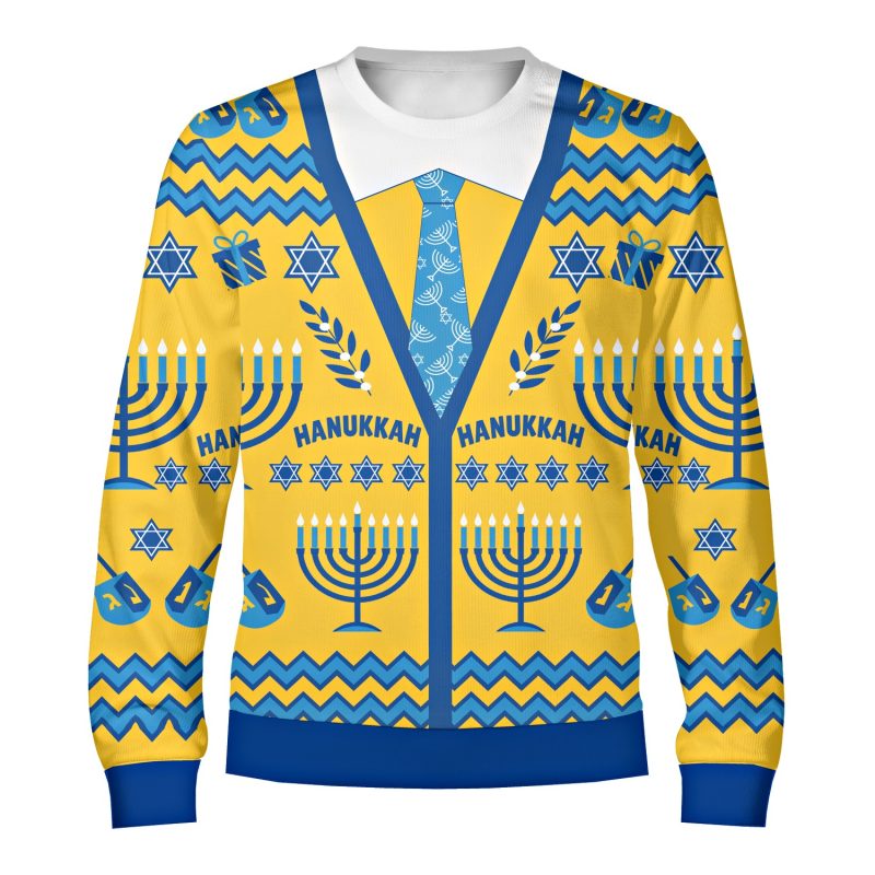 Front of the Hanukkah cardigan sweatshirt with printed blue cardigan, sky-blue menorah tie, menorahs, dreidels and HANUKKAH