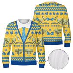 Front and back of the Hanukkah cardigan sweatshirt with white ribbed collar and blue ribbed cuffs and hem Front and back of the Hanukkah cardigan sweatshirt with white ribbed collar and blue ribbed cuffs and hem