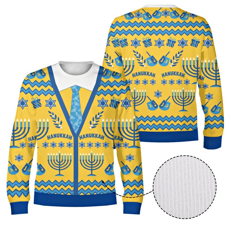 Front and back of the Hanukkah cardigan sweatshirt with white ribbed collar and blue ribbed cuffs and hem
