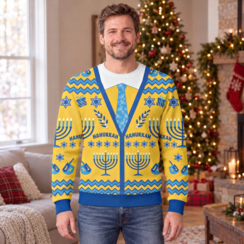 Man wearing the Hanukkah cardigan sweater, a yellow sweatshirt with a printed blue cardigan, white collar and menorah tie Man wearing the Hanukkah cardigan sweater, a yellow sweatshirt with a printed blue cardigan, white collar and menorah tie