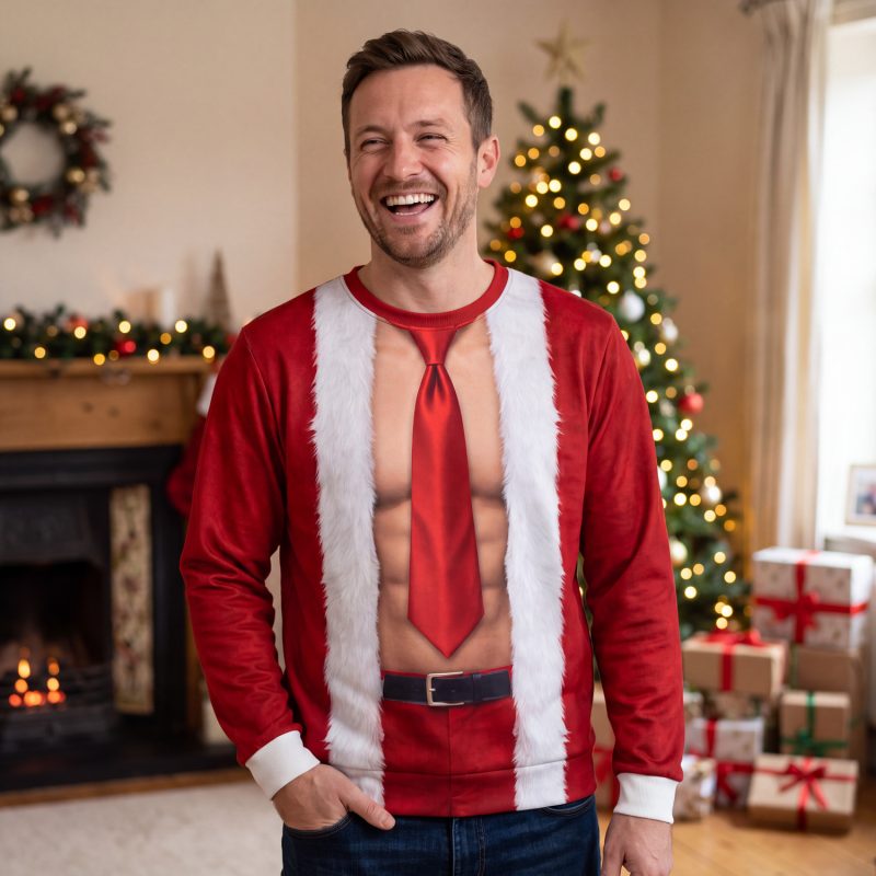 Man laughing in the red velvet muscle Christmas sweater with printed six-pack abs, a tie and faux-fur trim, at a Christmas party