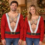 Couple wearing matching Red Santa hairy chest ugly Christmas sweaters