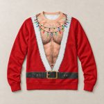 Red Santa hairy chest ugly Christmas sweater laid flat