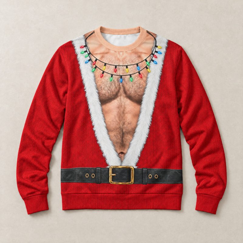 Red Santa hairy chest ugly Christmas sweater laid flat