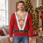 Man wearing the Red Santa hairy chest ugly Christmas sweater in a festive living room