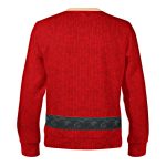 Back of the Red Santa ugly Christmas sweater with a hairy chest fake body, medium skin tone