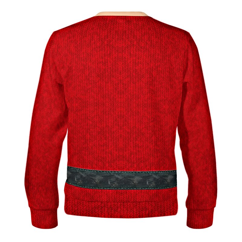 Back of the Red Santa ugly Christmas sweater with a hairy chest fake body, medium skin tone