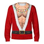 Red Santa ugly Christmas sweater with a hairy chest fake body, medium skin tone, front view