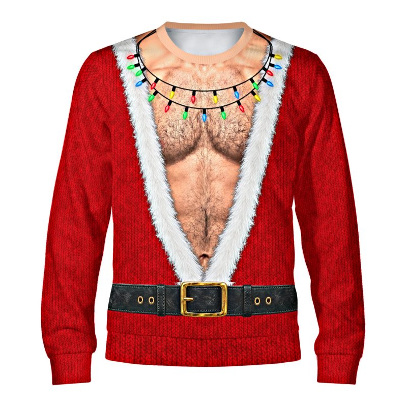 Red Santa ugly Christmas sweater with a hairy chest fake body, medium skin tone, front view