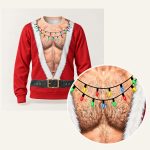 Close-up of the printed hairy chest and Christmas lights on the Red Santa ugly Christmas sweater