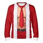 Red Velvet muscle Christmas sweater with six-pack abs, a tie and faux-fur trim, medium skin tone, front view Red Velvet muscle Christmas sweater with six-pack abs, a tie and faux-fur trim, medium skin tone, front view