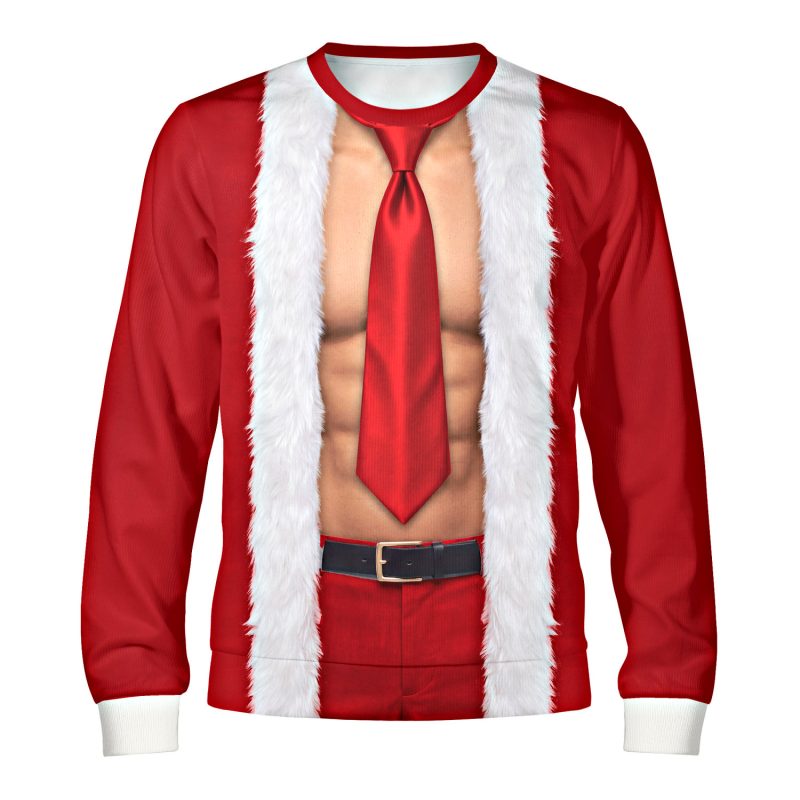 Red Velvet muscle Christmas sweater with six-pack abs, a tie and faux-fur trim, medium skin tone, front view