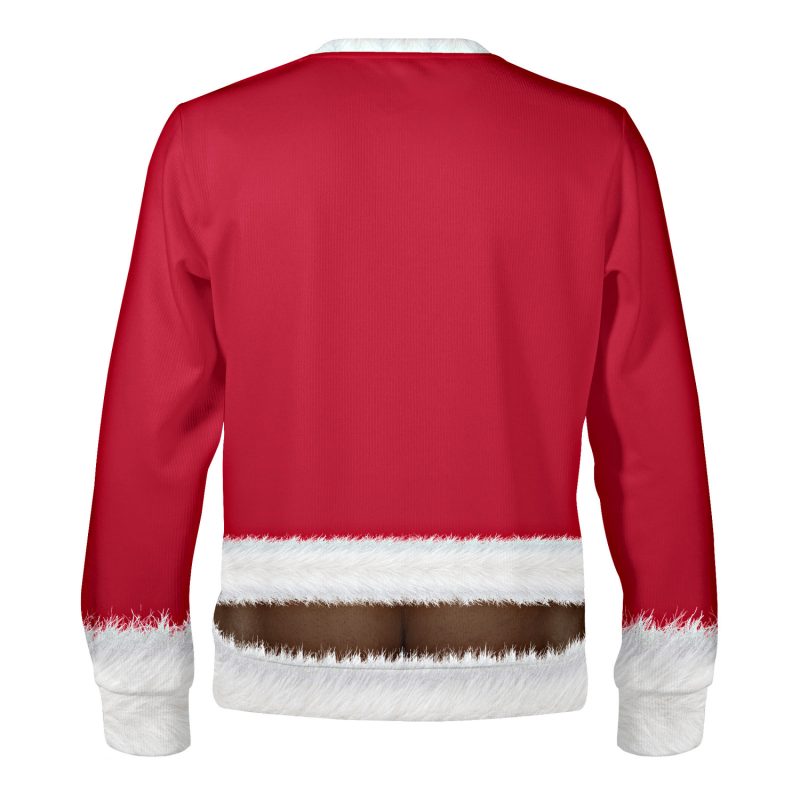 Back of the Santa ugly Christmas sweater with the plumber's crack gag, deep skin tone