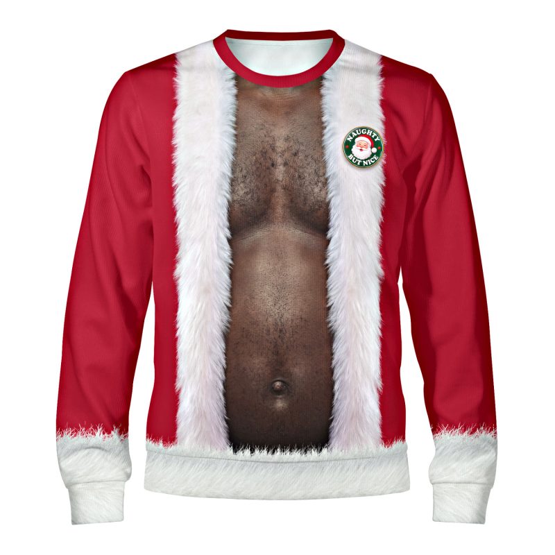 Santa ugly Christmas sweater with a hairy belly fake body, deep skin tone, front view