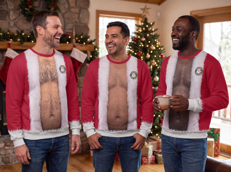 Three friends laughing in Santa hairy belly ugly Christmas sweaters, each with the skin tone that matches his own