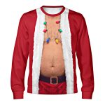 Santa Vest funny Santa ugly Christmas sweater with a beer belly fake body, medium skin tone, front view Santa Vest funny Santa ugly Christmas sweater with a beer belly fake body, medium skin tone, front view