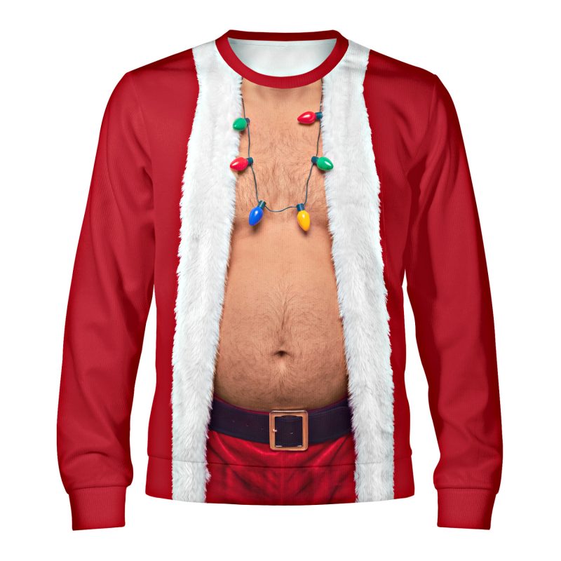 Santa Vest funny Santa ugly Christmas sweater with a beer belly fake body, medium skin tone, front view