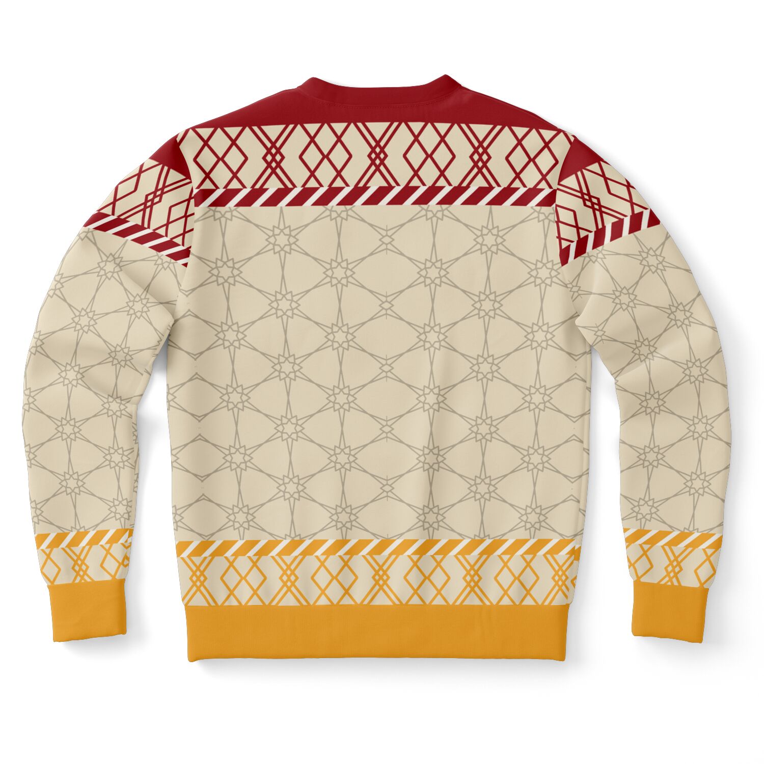 Back of the Up to Snow Good ugly Christmas sweater laid flat, with the cream lattice pattern