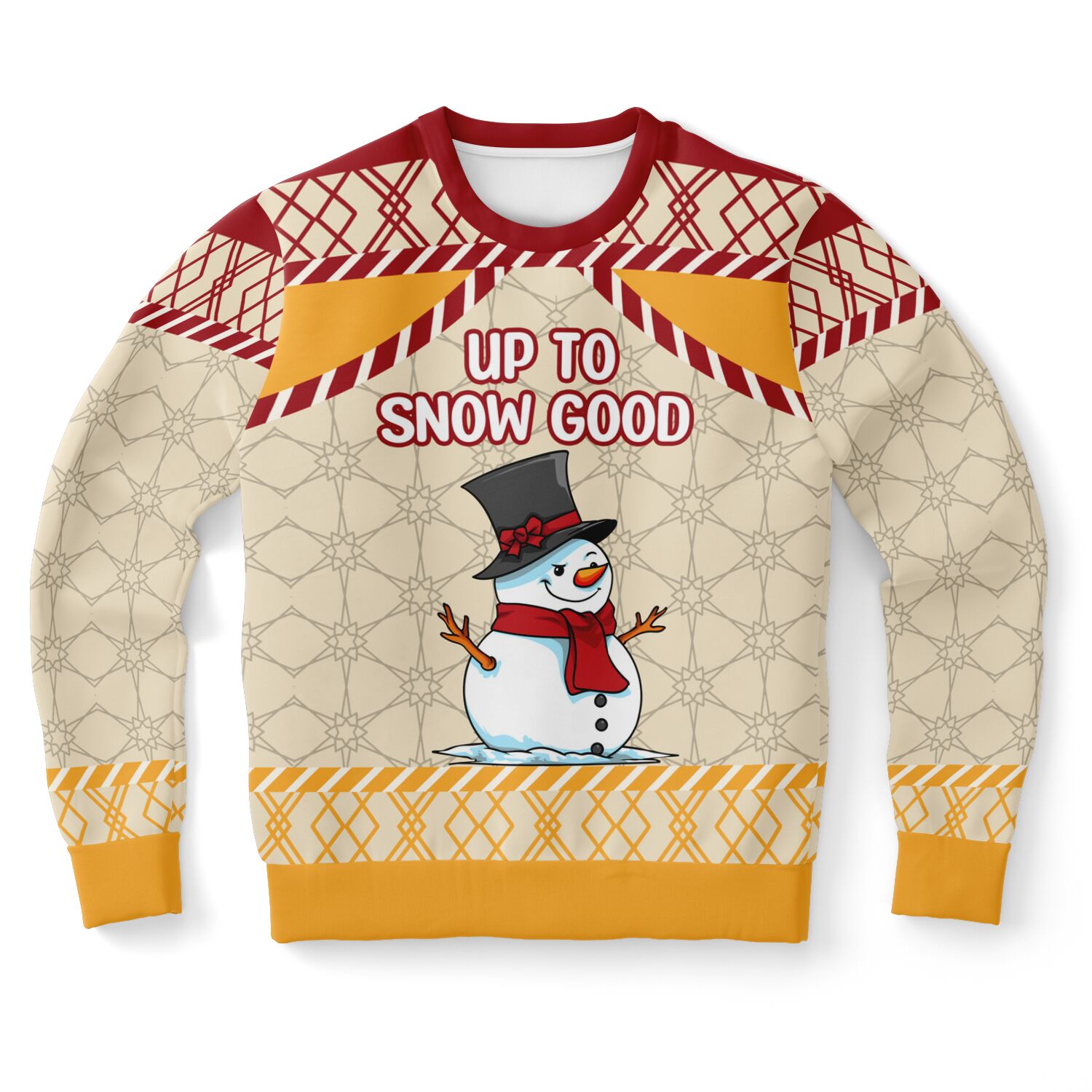 Up to Snow Good snowman ugly Christmas sweater laid flat, front