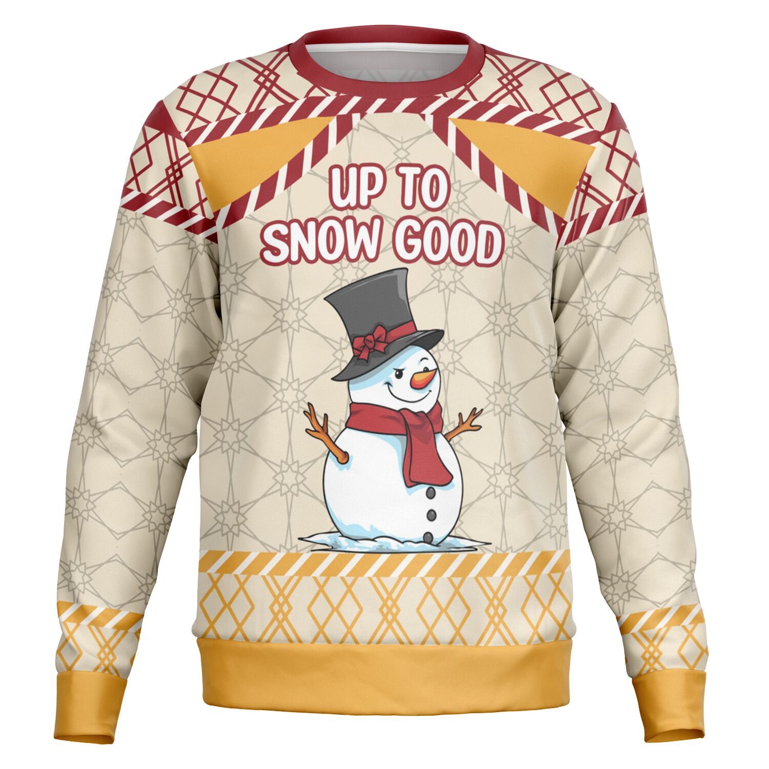 Up to Snow Good ugly Christmas sweater, front view showing the full print