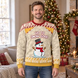 Man wearing the Up to Snow Good snowman ugly Christmas sweater in a festive living room