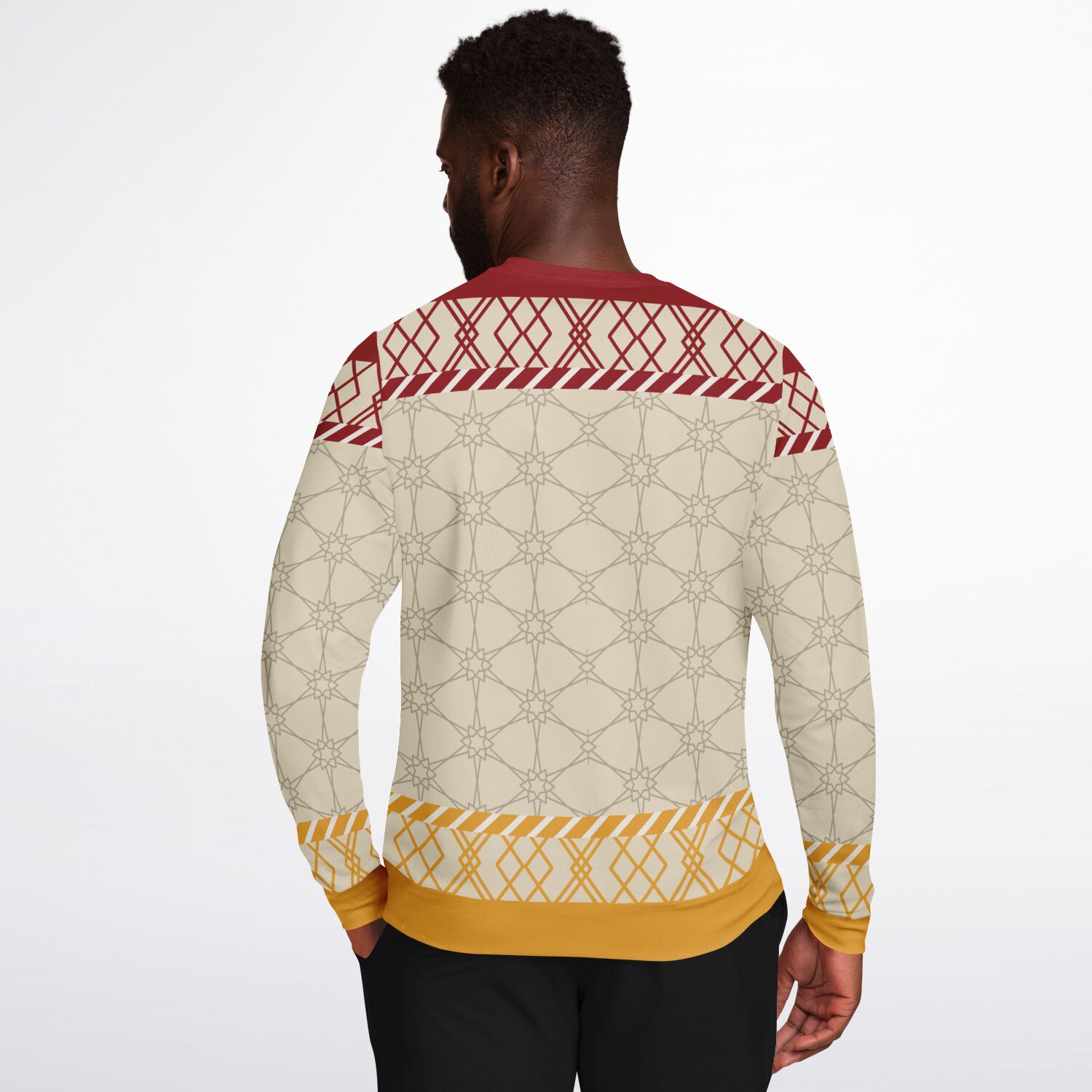 Back view of a man wearing the Up to Snow Good ugly Christmas sweater