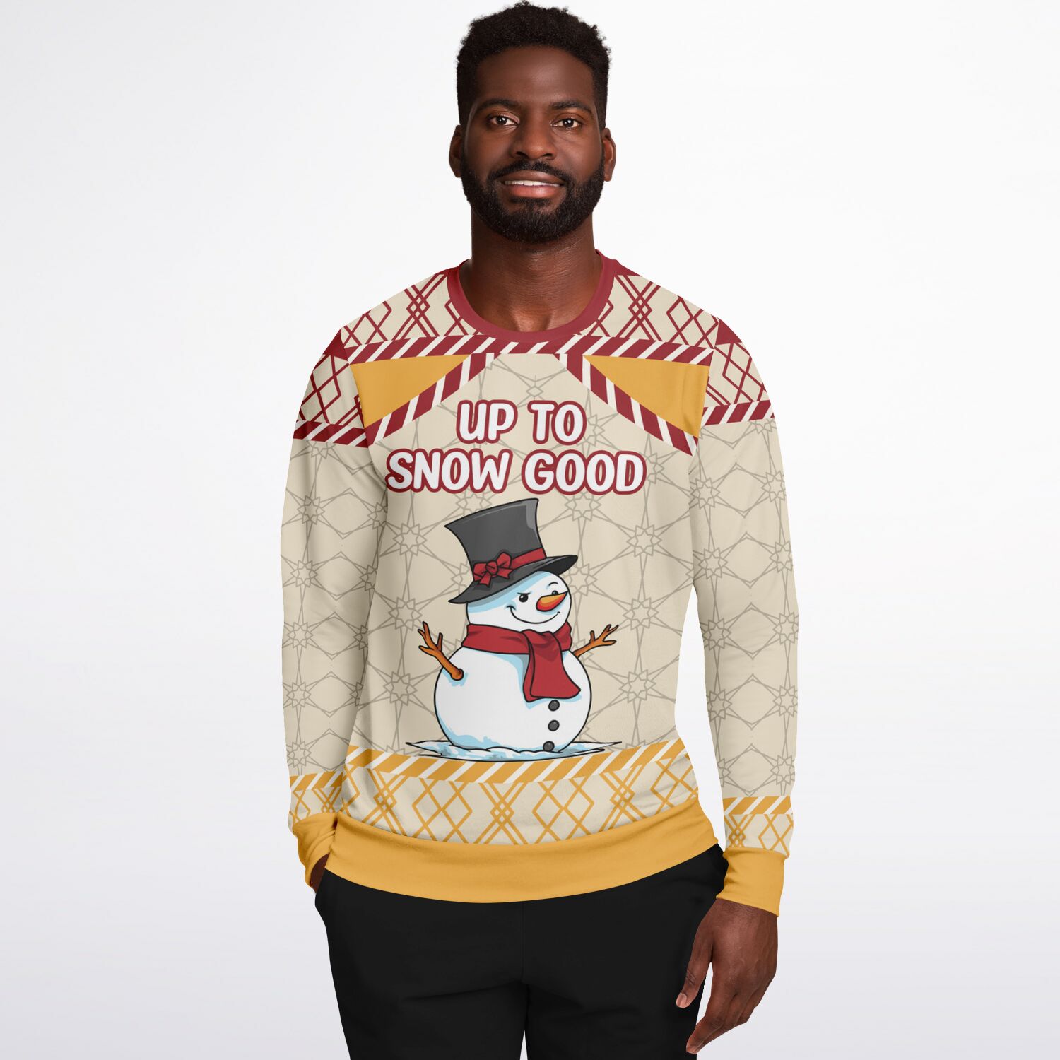 Man wearing the Up to Snow Good snowman ugly Christmas sweater, front view