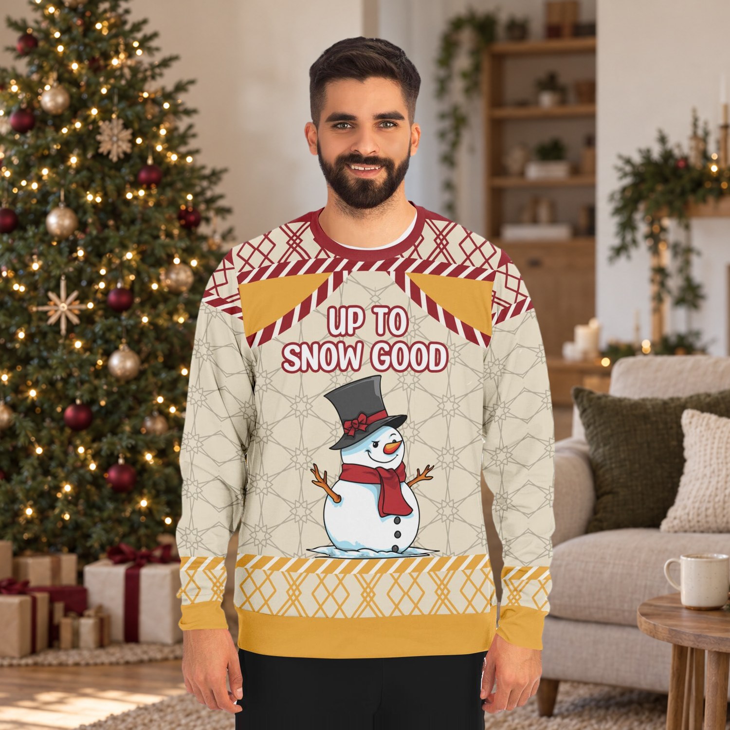Man wearing the Up to Snow Good snowman ugly Christmas sweater in a living room with a Christmas tree