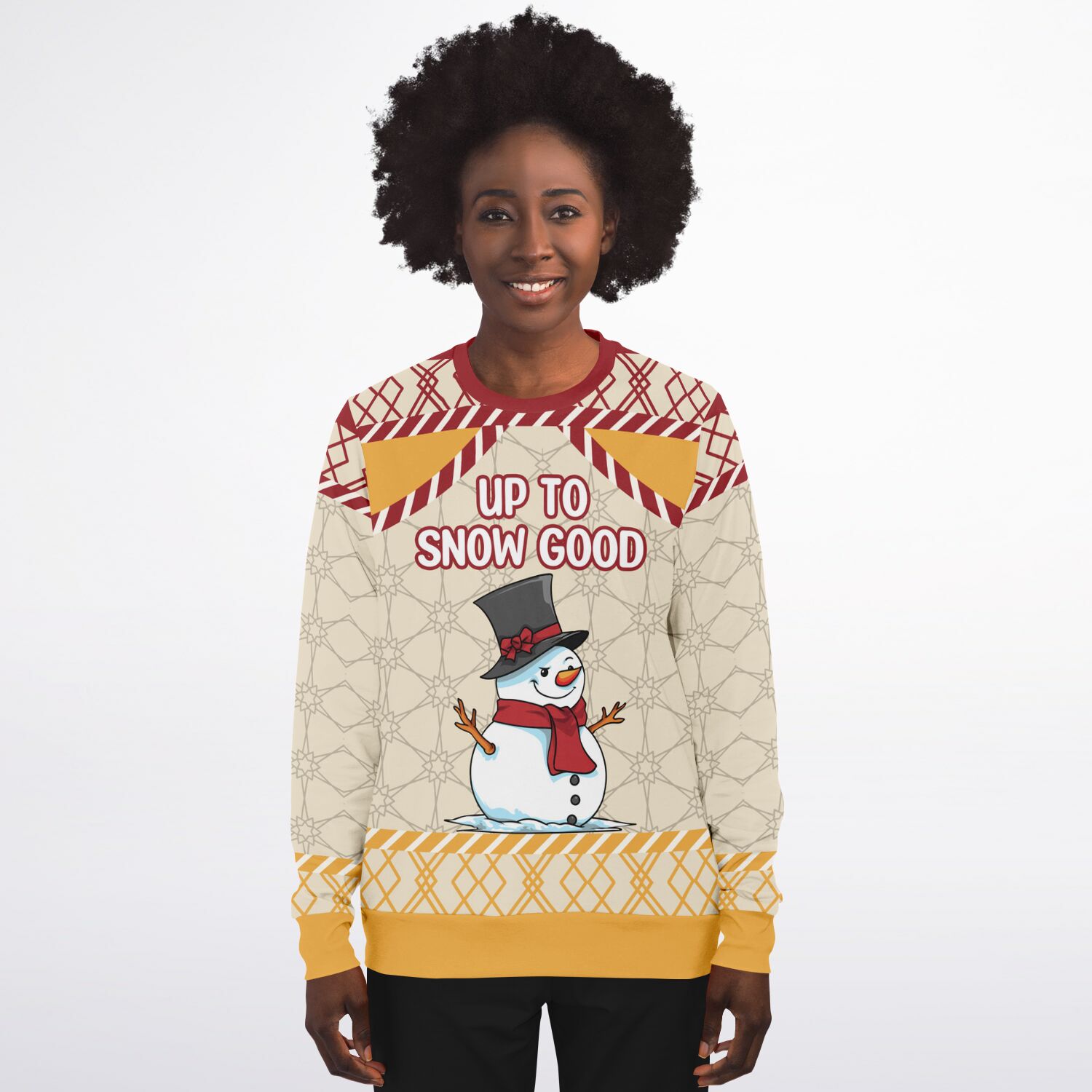 Woman wearing the cream and red snowman ugly Christmas sweater