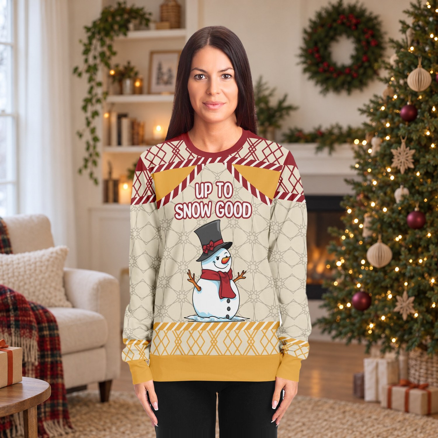 Woman wearing the Up to Snow Good snowman ugly Christmas sweater by a Christmas tree and fireplace
