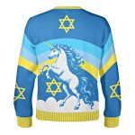 Back of the Jewnicorn ugly Hanukkah sweatshirt with a white unicorn over clouds and a yellow Star of David Back of the Jewnicorn ugly Hanukkah sweatshirt with a white unicorn over clouds and a yellow Star of David
